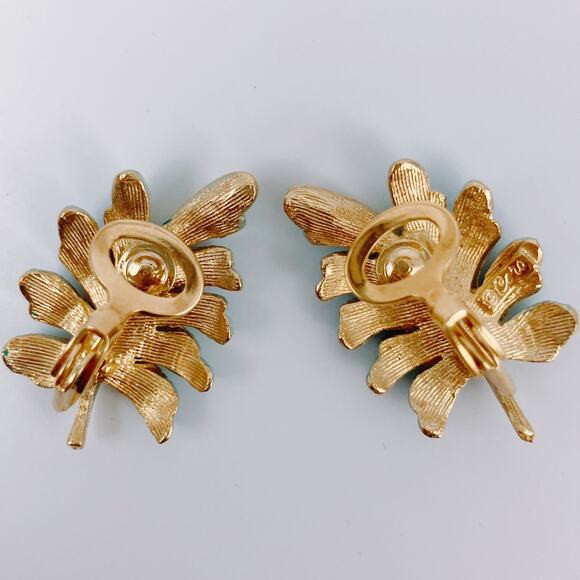 VTG Signed Coro Blue Enamel Gold Tone Leaf Clip-On Earrings 1950s 1960s Jewelry - Picture 6 of 8